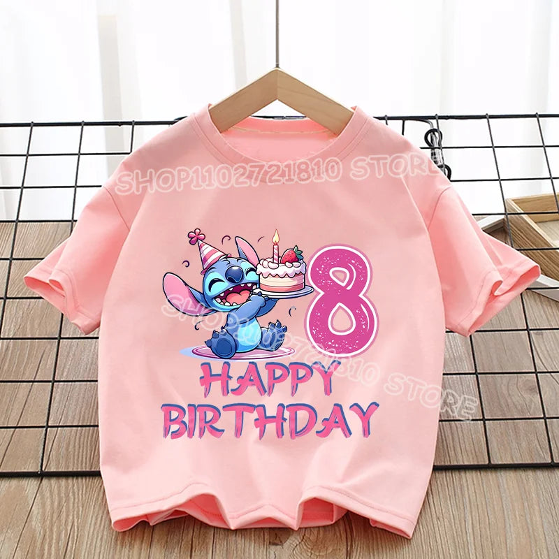 Stitch T-shirt Girls Round Neck Soft Fashion Clothes Cute Anime Figure Print Clothing Tops Kids Summer Pink Birthday Tee Gift