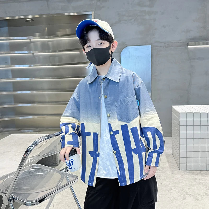 New Spring Autumn Boys Long Sleeve Gradient Denim Shirt With Letters Casual Kids Blue Orange Jean Blouse Children's Clothing
