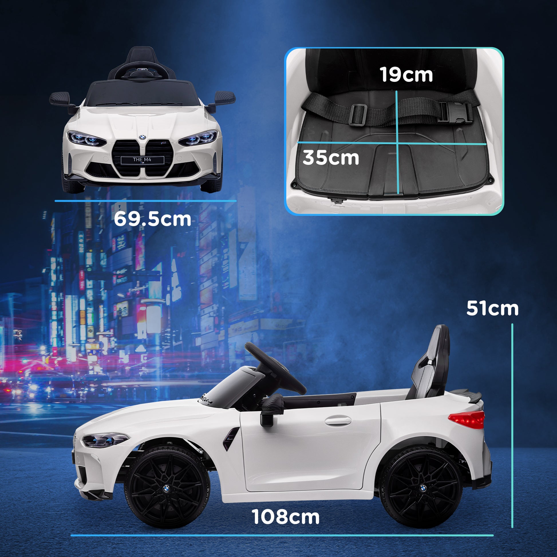 12V BMW M4 Licensed Kids Car with Easy Transport, Remote Control, Suspension, Music, Horn, LED Lights in White by AIYAPLAY-1