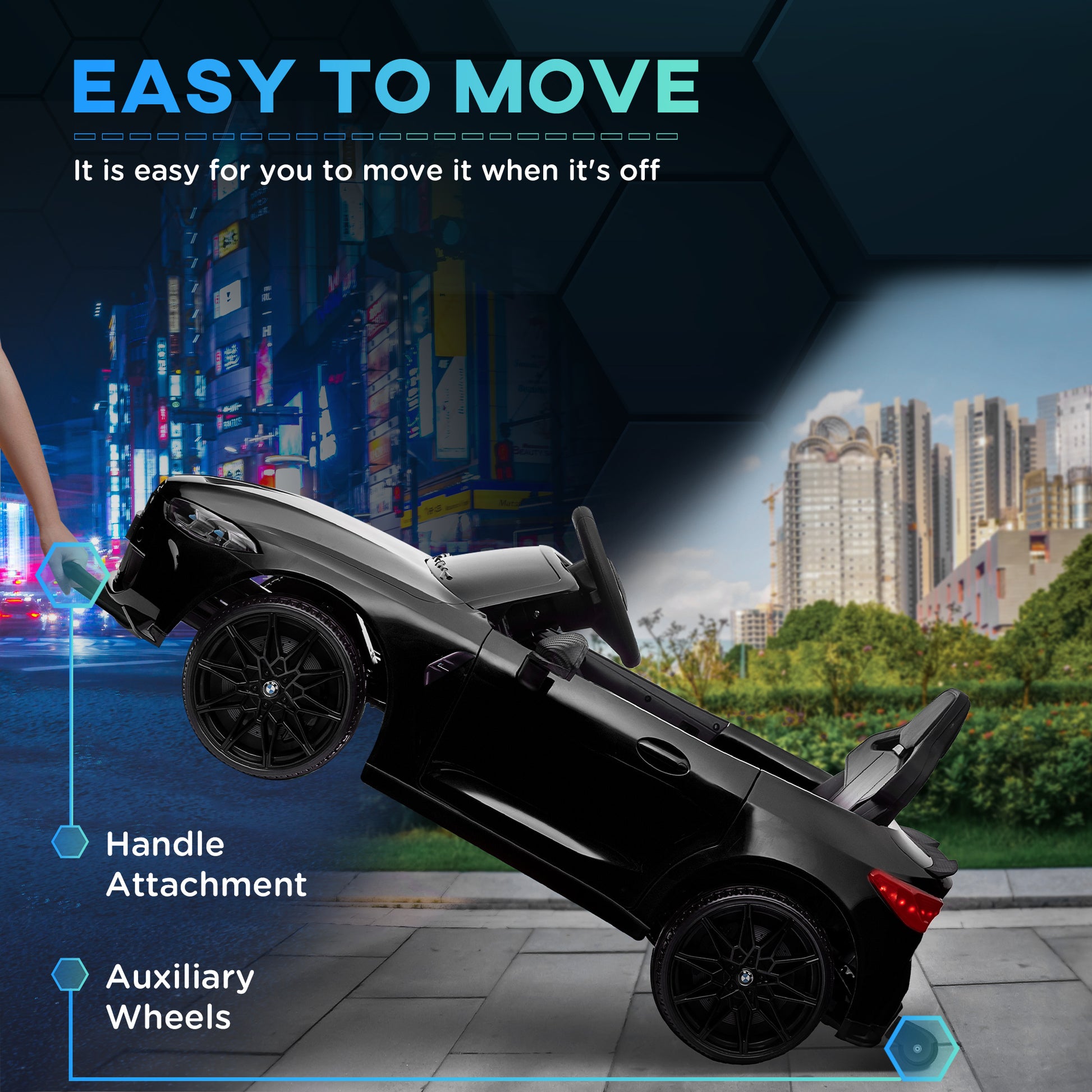 12V BMW M4 Licensed Kids Car with Easy Transport, Remote Control, Suspension, Music, Horn, LED Lights - Black by AIYAPLAY-3