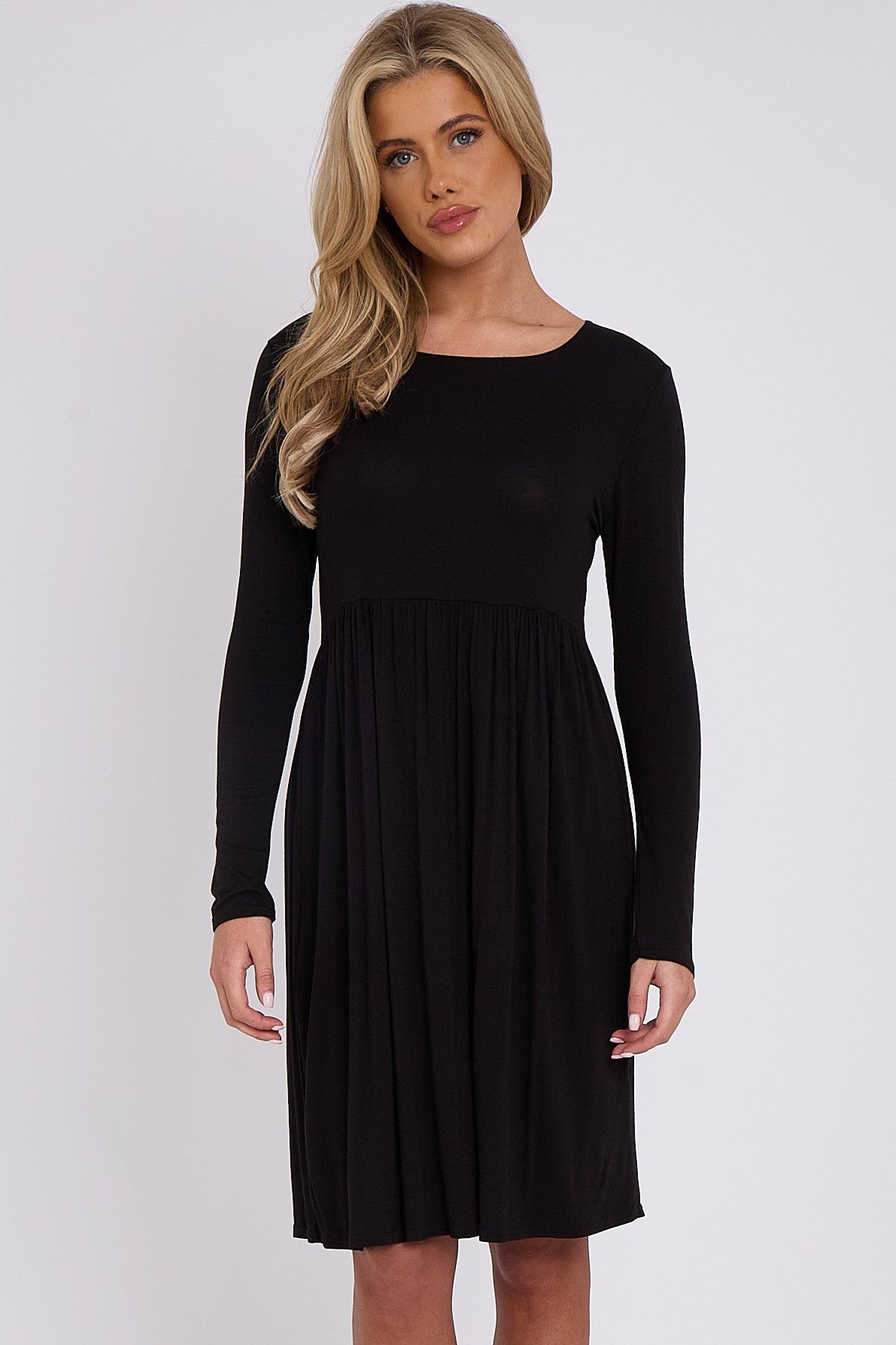 Black Long Sleeve Gathered Waist Dress-0