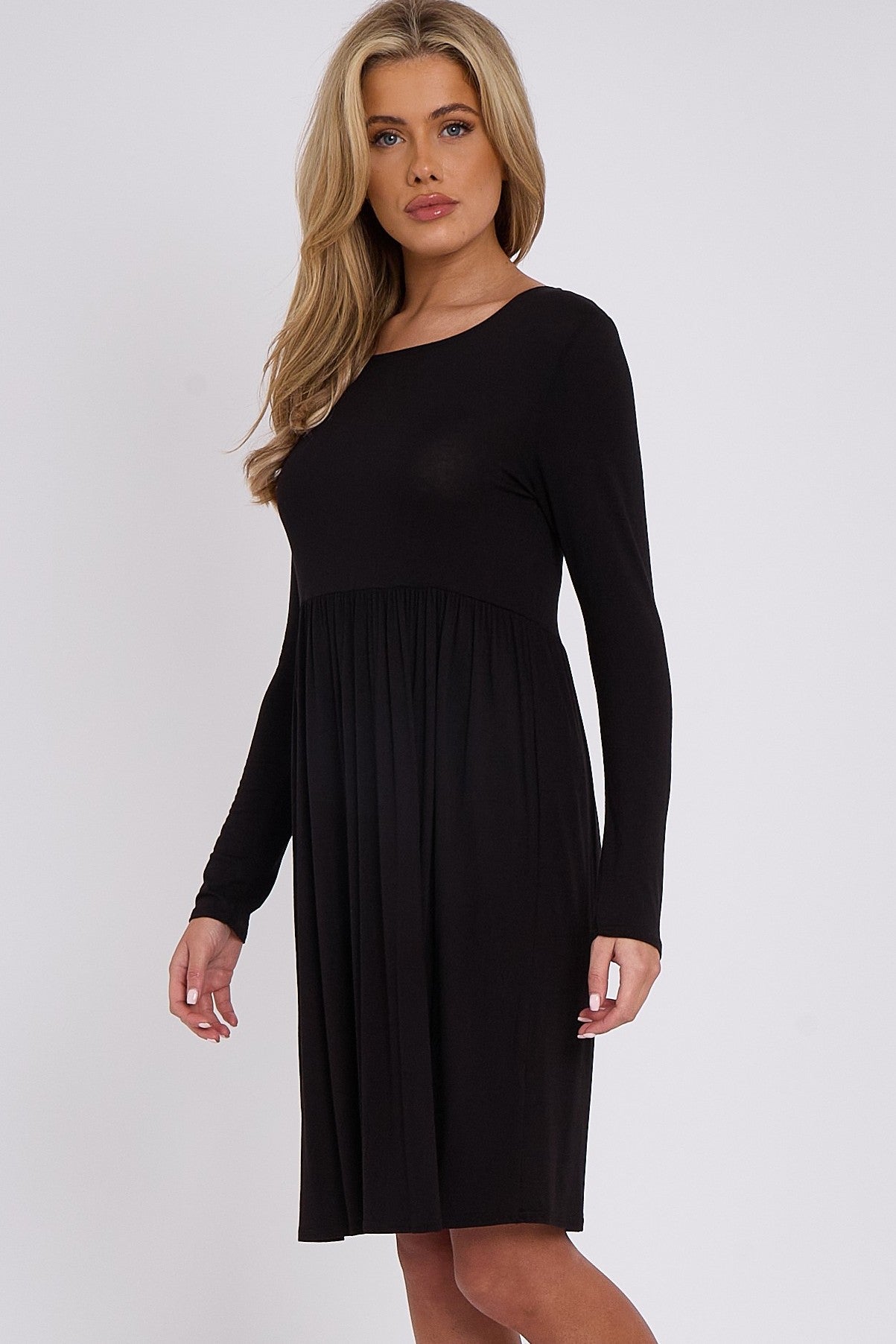Black Long Sleeve Gathered Waist Dress-1