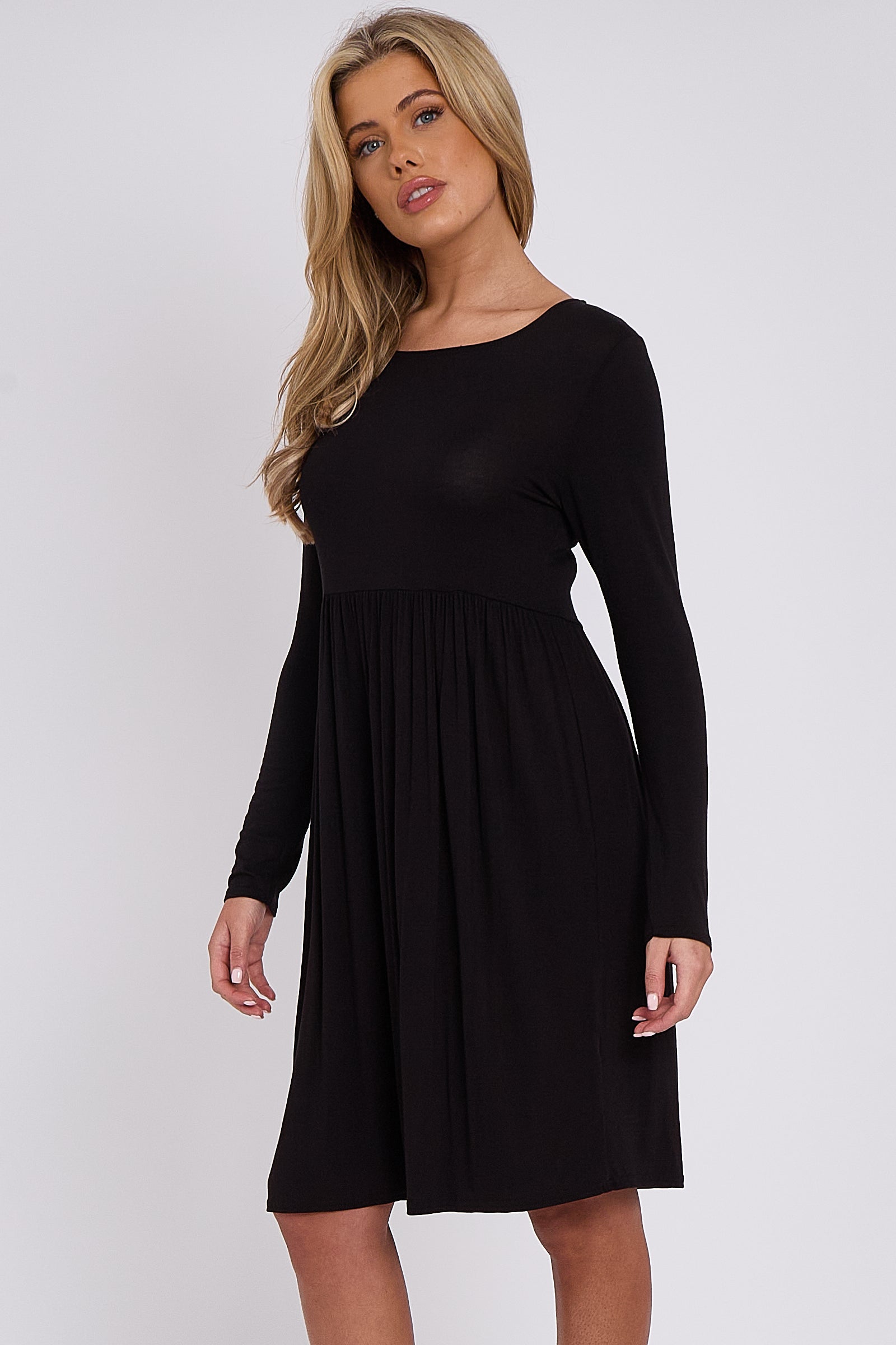 Black Long Sleeve Gathered Waist Dress-2