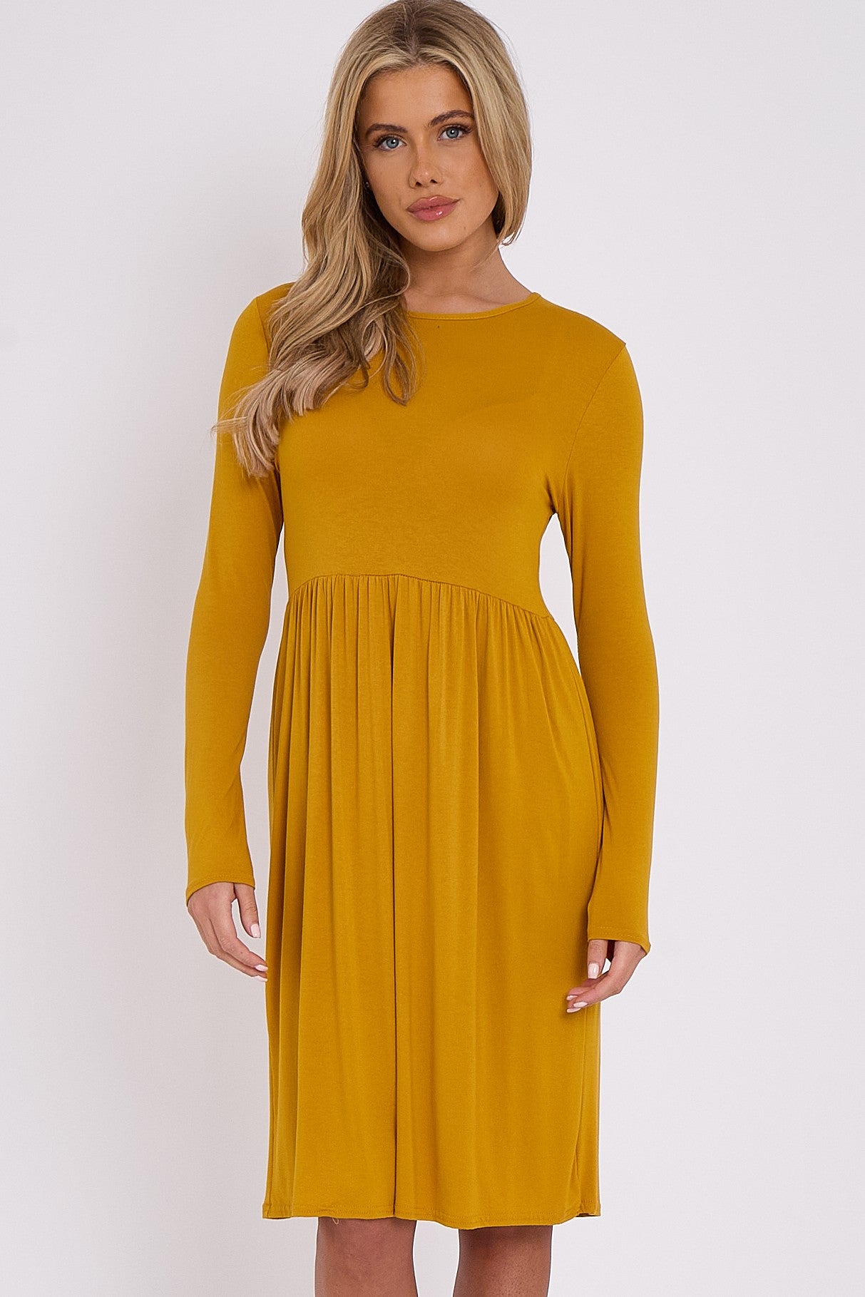 Mustard Long Sleeve Gathered Waist Dress-0