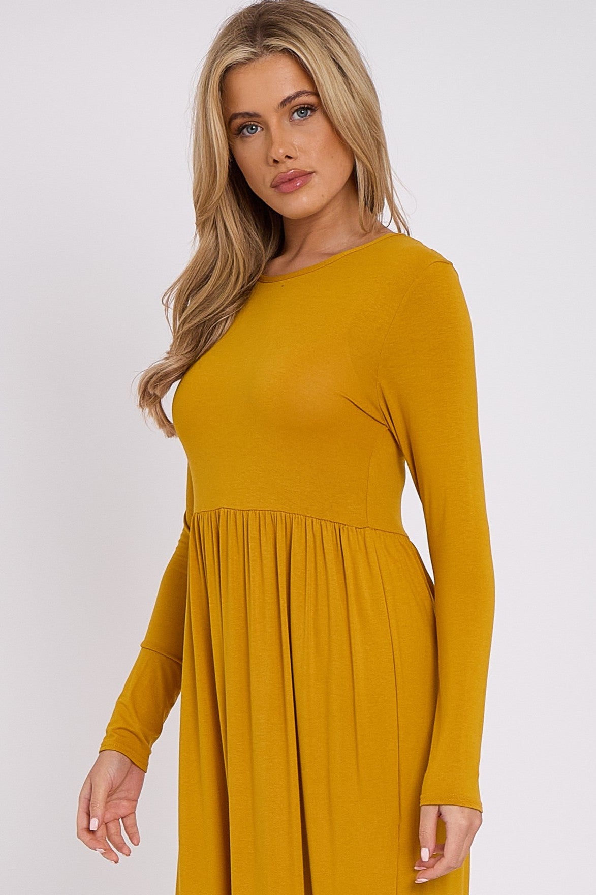Mustard Long Sleeve Gathered Waist Dress-1