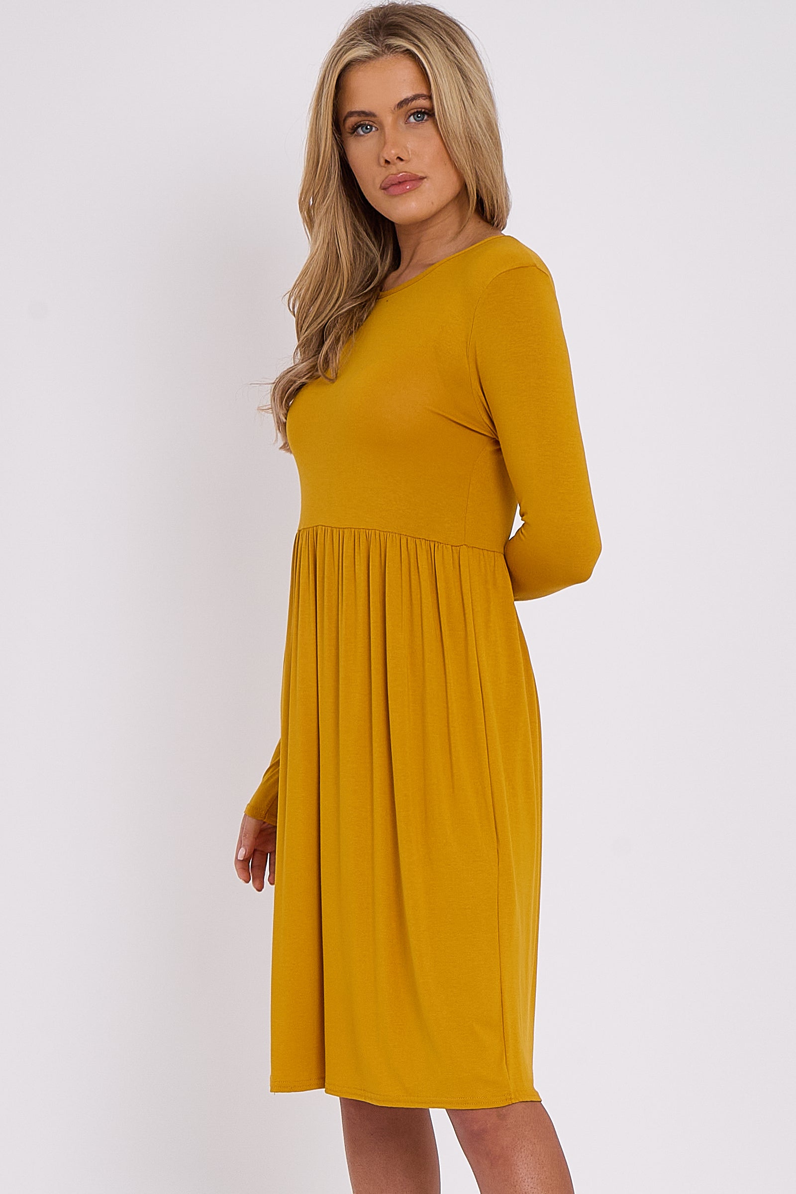Mustard Long Sleeve Gathered Waist Dress-2