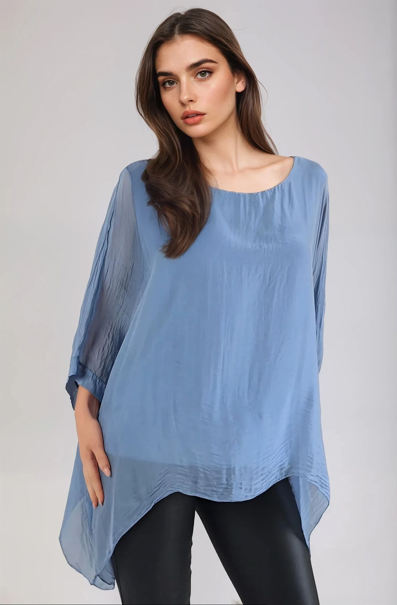 Denim Blue Silk Batwing Sleeve Blouse-1