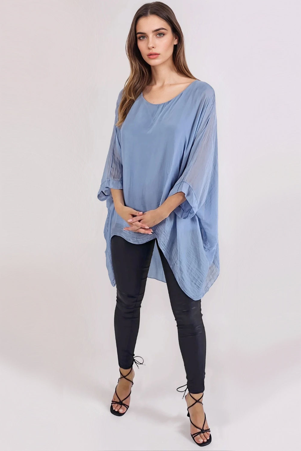 Denim Blue Silk Batwing Sleeve Blouse-0