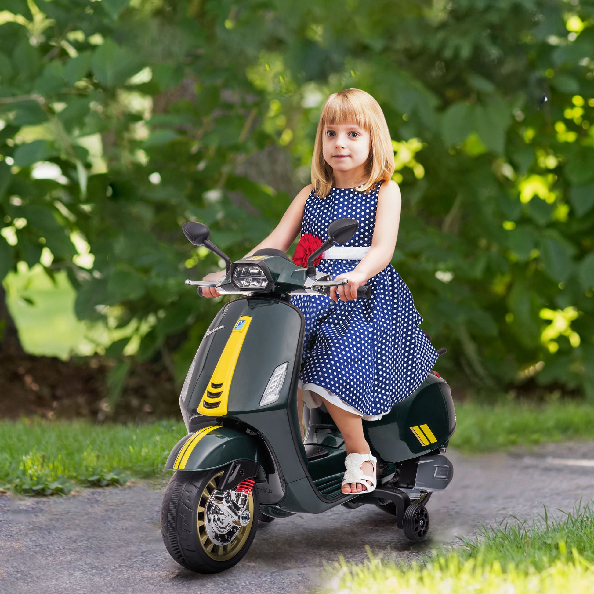 AIYAPLAY 12V Vespa Licensed Kids Electric Scooter Motorbike with Music, Headlights, FM Radio, for 3-6 Years in Green-8