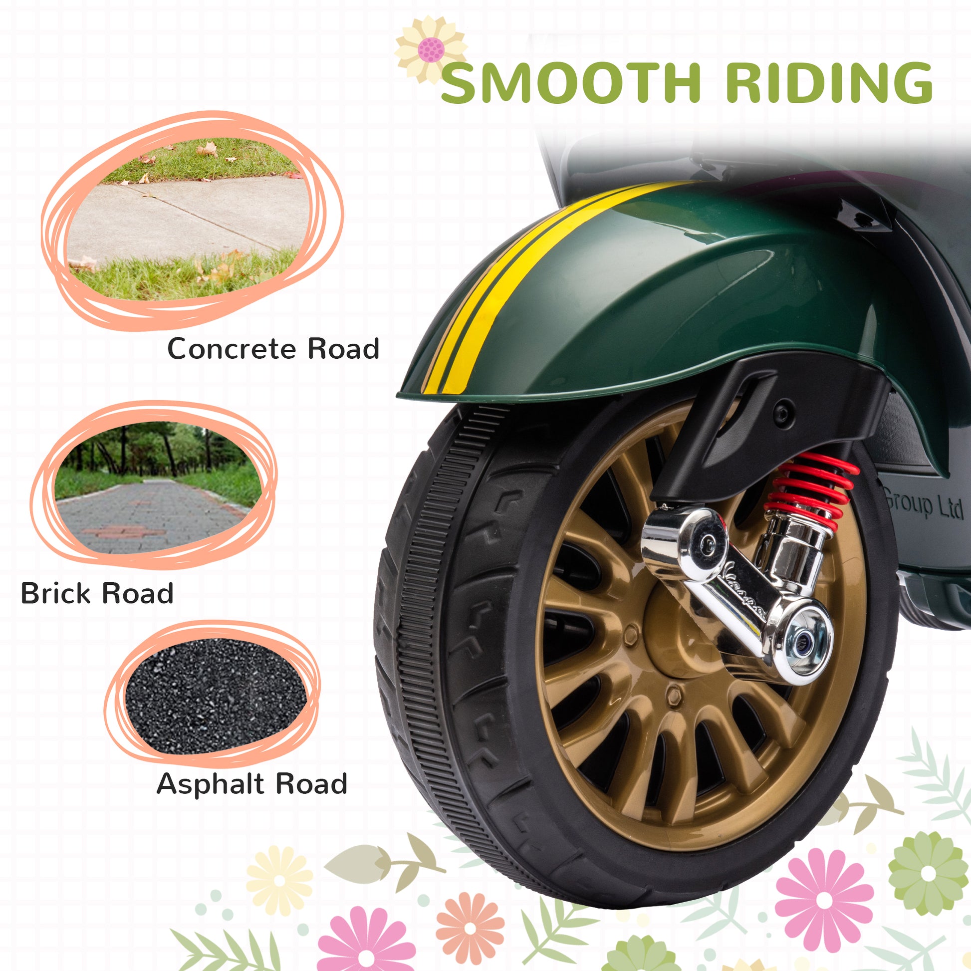 AIYAPLAY 12V Vespa Licensed Kids Electric Scooter Motorbike with Music, Headlights, FM Radio, for 3-6 Years in Green-5