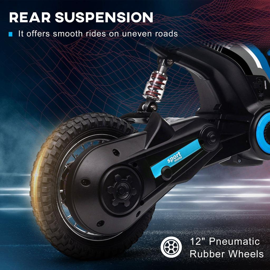 HOMCOM 24V Electric Motorbike with Twist Grip Throttle, Music, Horn, 12" Pneumatic Tyres, 16km/h Max Speed in Blue-6