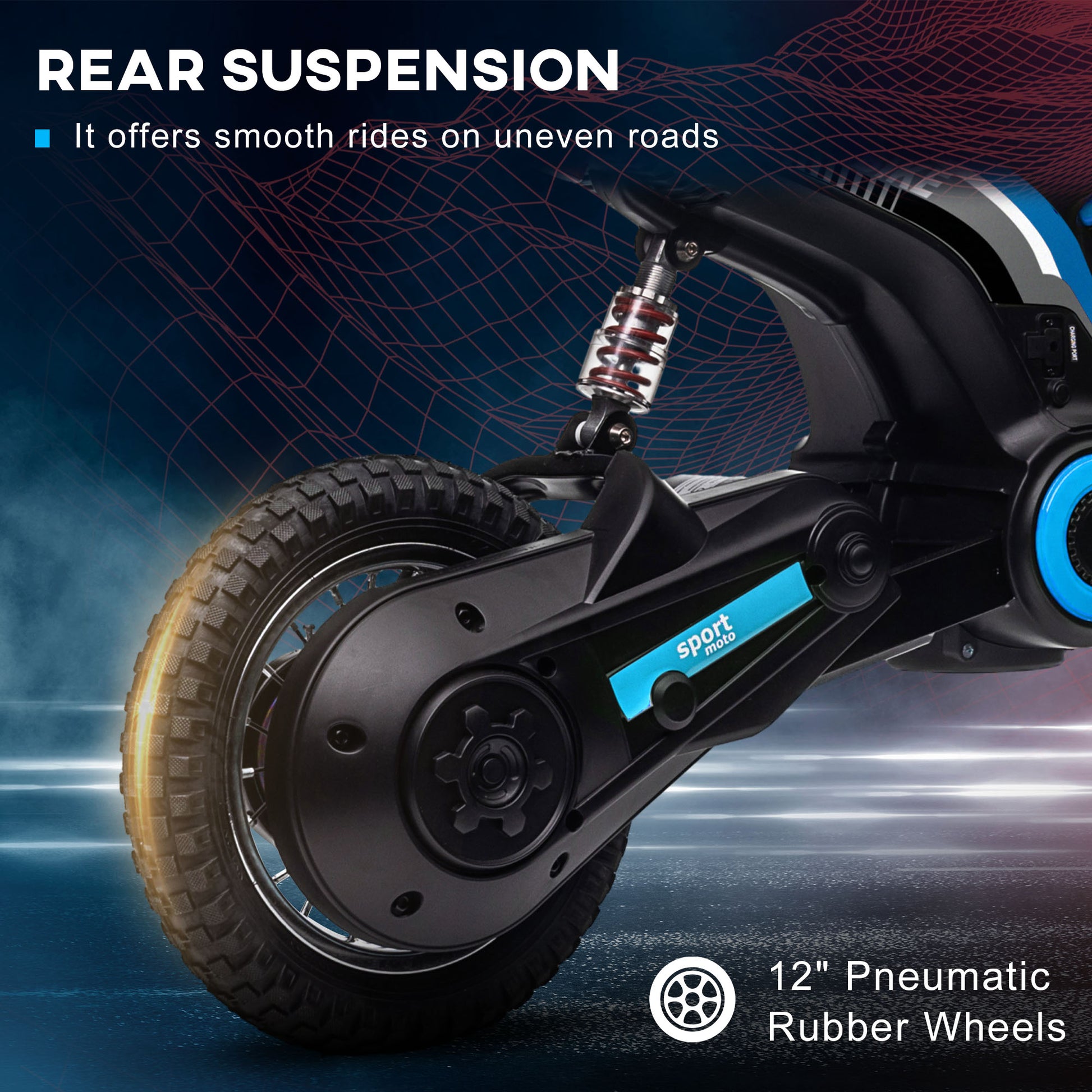 HOMCOM 24V Electric Motorbike with Twist Grip Throttle, Music, Horn, 12" Pneumatic Tyres, 16km/h Max Speed in Blue-6