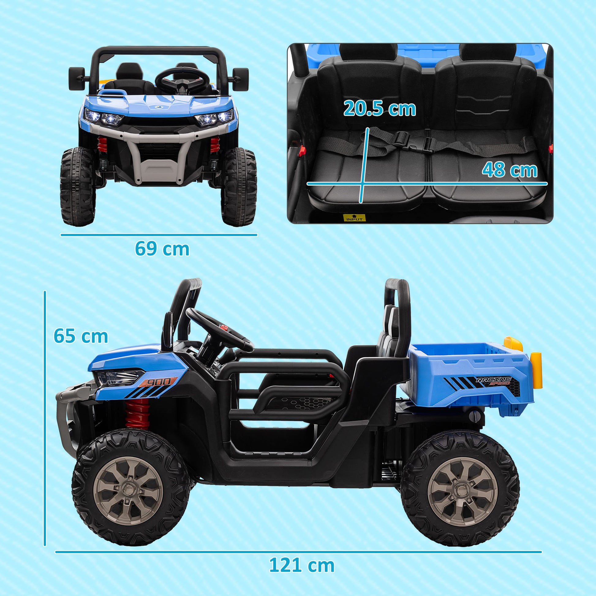 HOMCOM 12V Kids Electric Ride-On Car, with Electric Bucket, Remote Control with 2 Seats in Blue-1