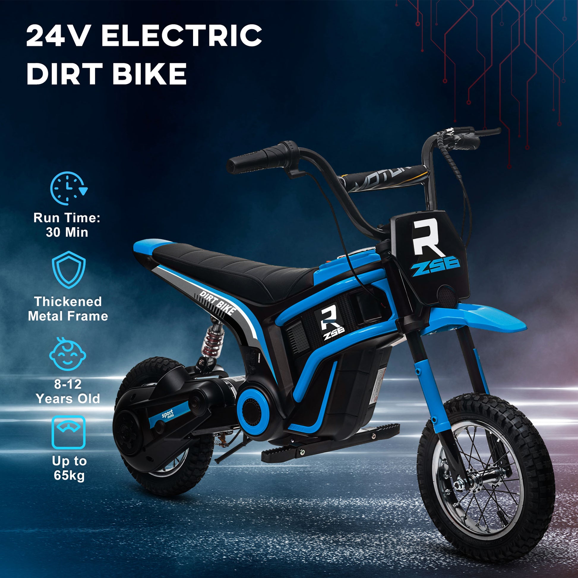 HOMCOM 24V Electric Motorbike with Twist Grip Throttle, Music, Horn, 12" Pneumatic Tyres, 16km/h Max Speed in Blue-4