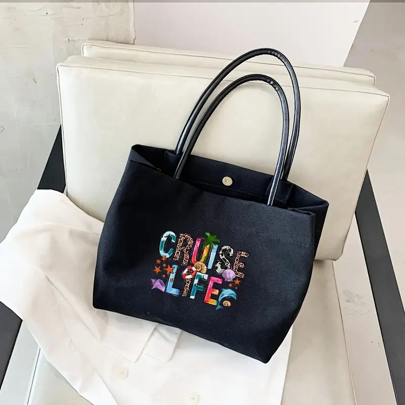 Cruise Theme Handbag, Handbag And Clutch Combination, Coconut Tree, Shell, Dolphin, Starfish, Cruise Life Print, Lightweight Foldable Storage Bag