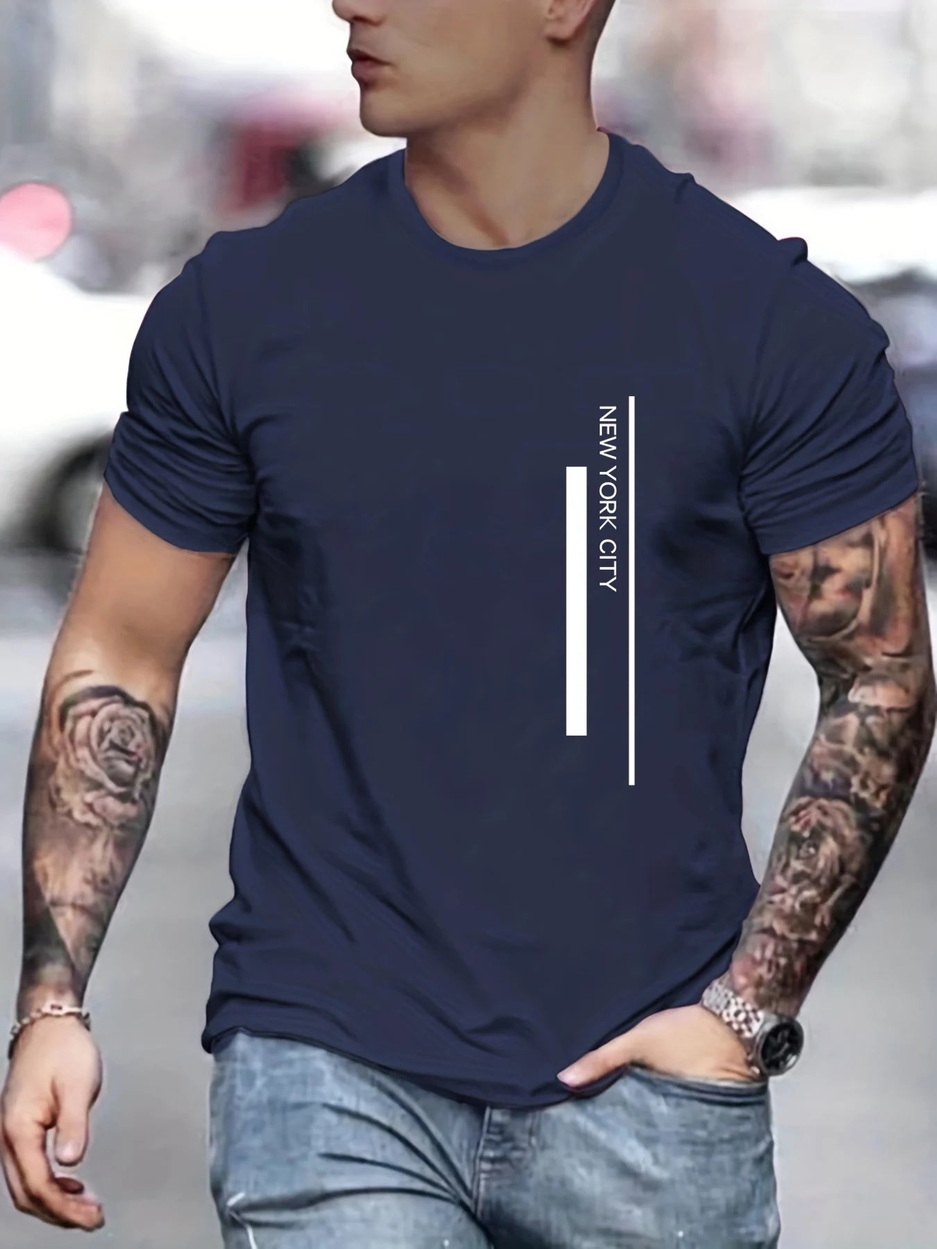 Men's Polyester summer fashionable casual loose plus size NEW YORK CITY printed slim fit round neck short sleeved T-shirt top