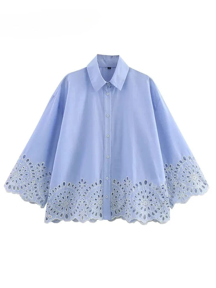 2025 Spring Summer New Women Hollow Embroidery Shirt Long Sleeve Short Shirts Blouses Fashion Casual Female Tops