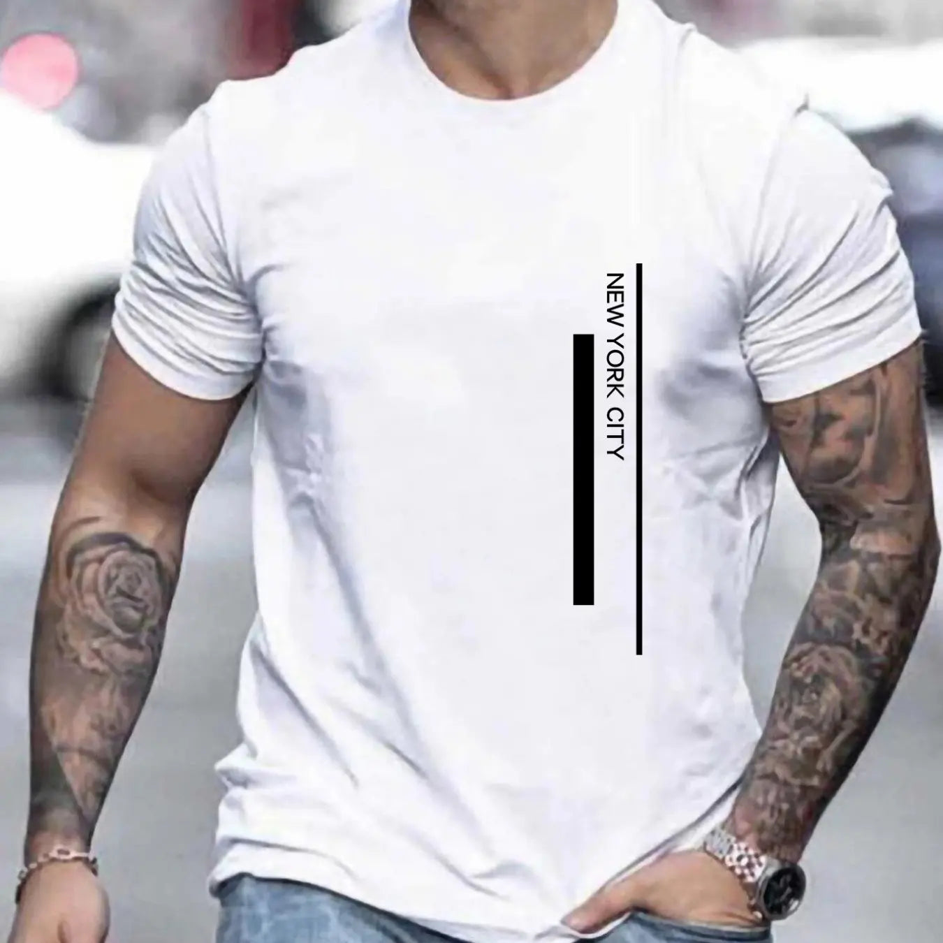 Men's Polyester summer fashionable casual loose plus size NEW YORK CITY printed slim fit round neck short sleeved T-shirt top