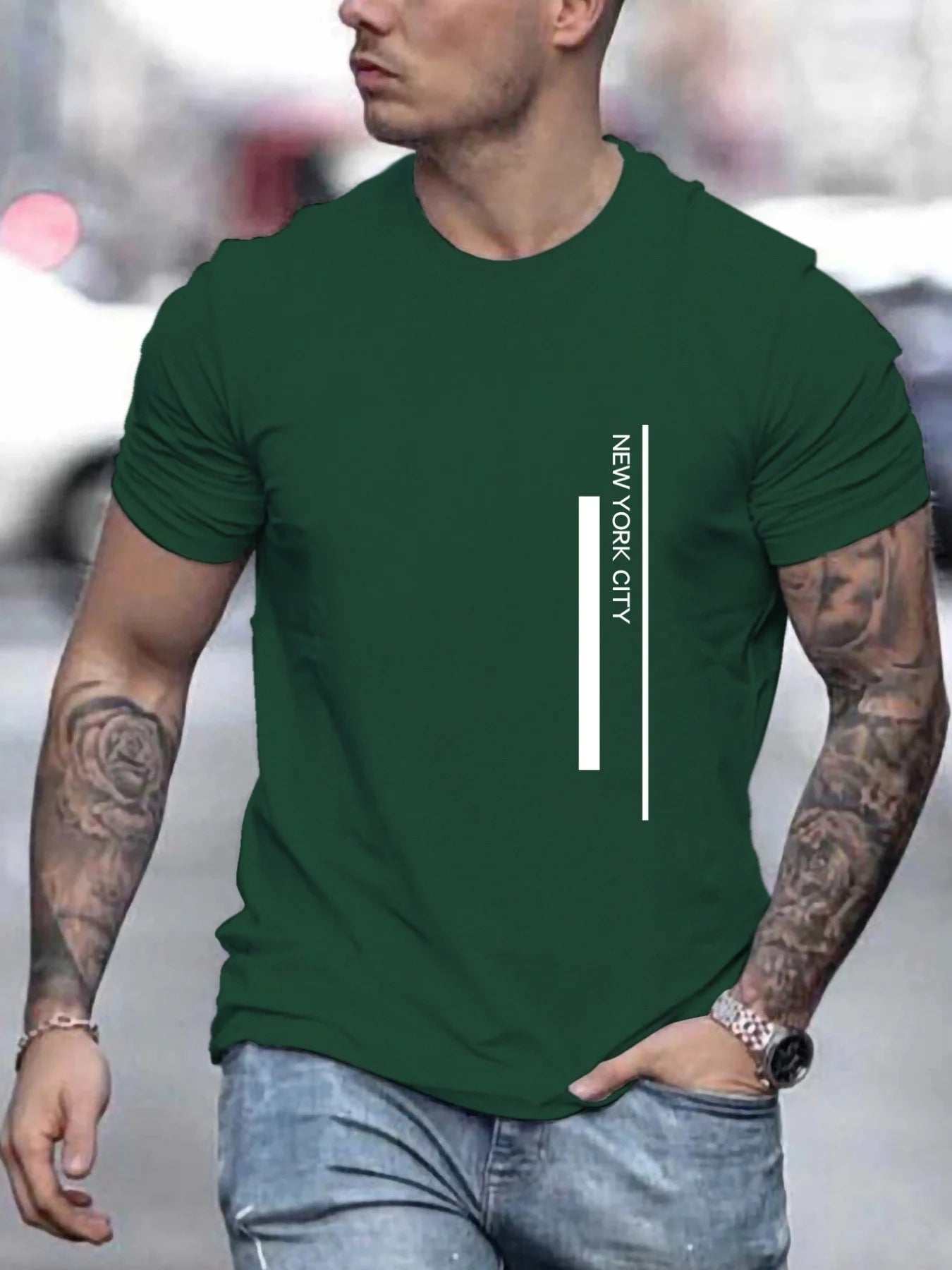 Men's Polyester summer fashionable casual loose plus size NEW YORK CITY printed slim fit round neck short sleeved T-shirt top