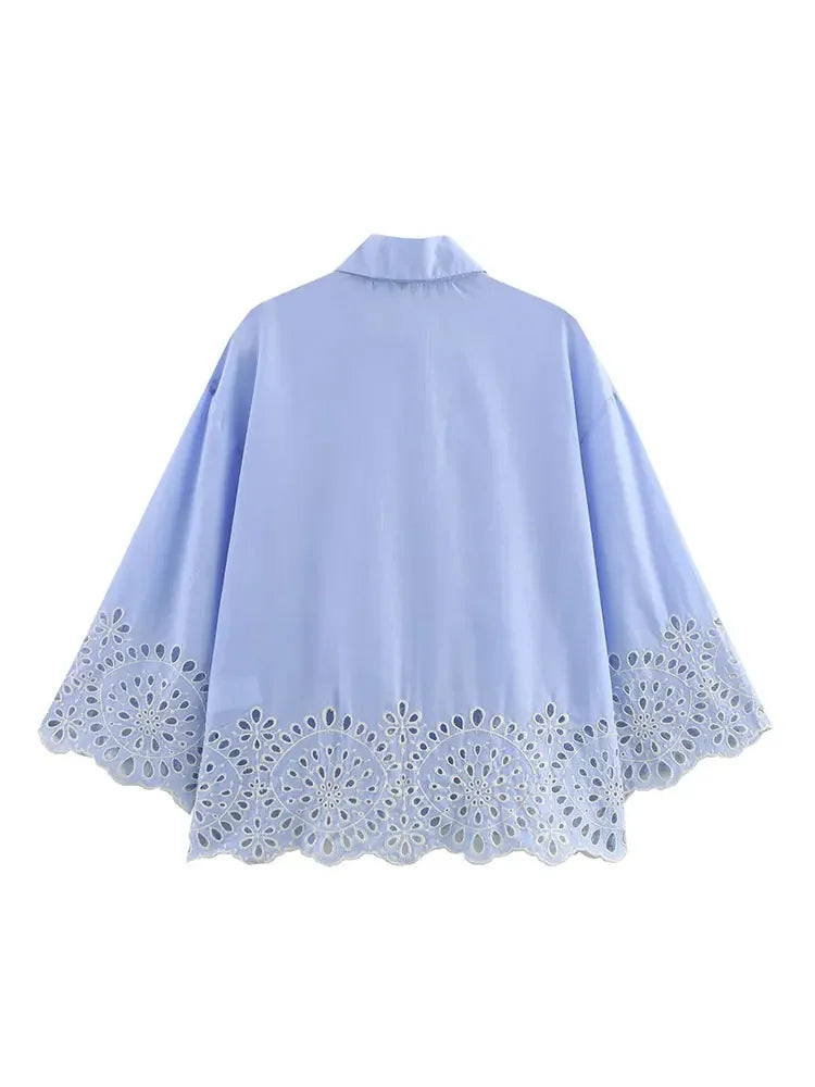 2025 Spring Summer New Women Hollow Embroidery Shirt Long Sleeve Short Shirts Blouses Fashion Casual Female Tops