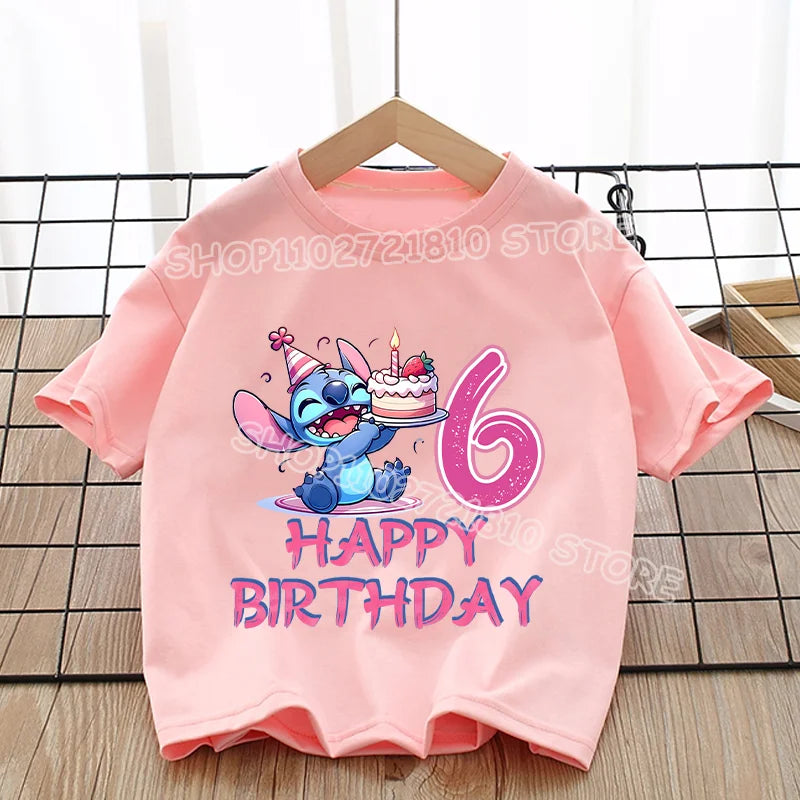 Stitch T-shirt Girls Round Neck Soft Fashion Clothes Cute Anime Figure Print Clothing Tops Kids Summer Pink Birthday Tee Gift