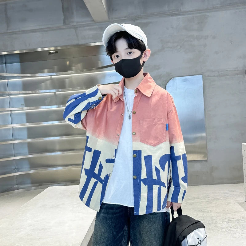 New Spring Autumn Boys Long Sleeve Gradient Denim Shirt With Letters Casual Kids Blue Orange Jean Blouse Children's Clothing