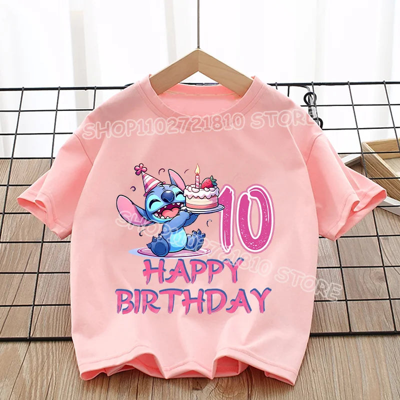 Stitch T-shirt Girls Round Neck Soft Fashion Clothes Cute Anime Figure Print Clothing Tops Kids Summer Pink Birthday Tee Gift