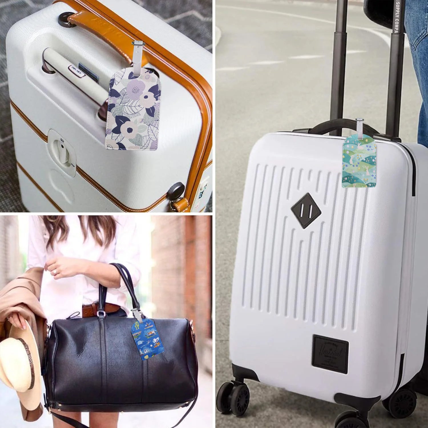 Luggage Tags with Privacy Cover PU Leather Cruise Ship Waterproof Tag Flowers Unique Suitcase Tags for Men Kids Women