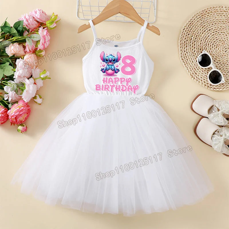 Stitch Disney Dress Birthday Number 1-9 Baby Girls Tulle Skirt Parties Supplies Kids Slip Dresses Cute Summer White Skirt Gifts