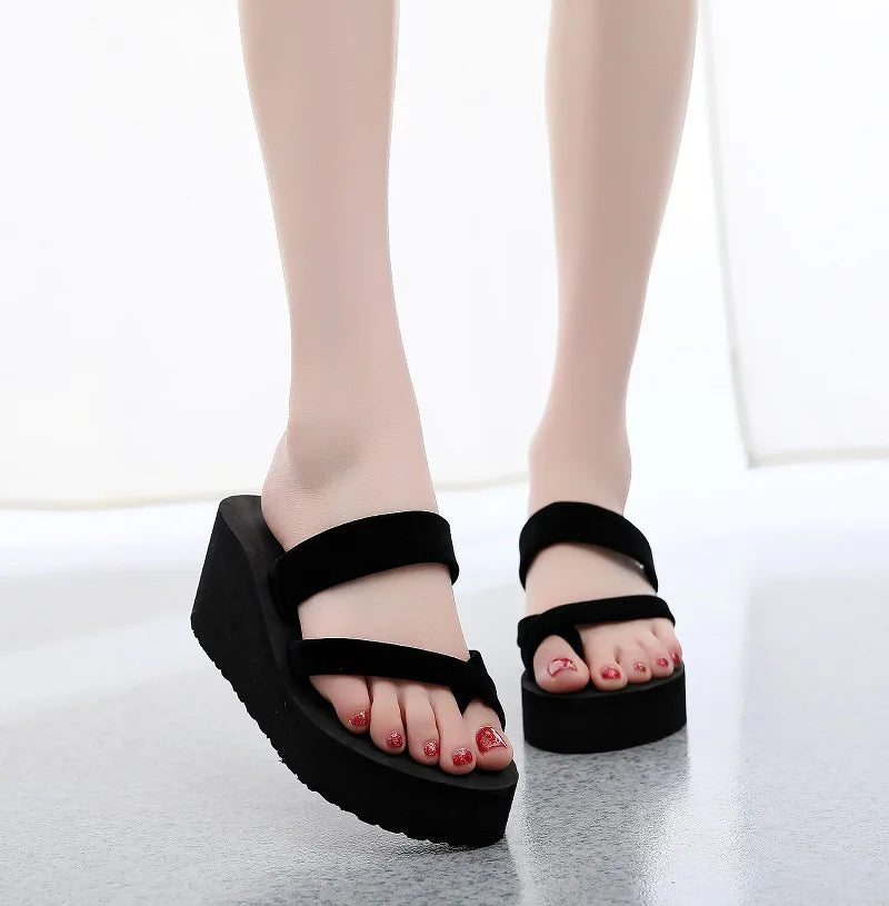 Solid Platform Sandals Women Slipper High Heels Summer Beach Casual Shoes Wedges Slippers Black Home Bathing Flip Flops