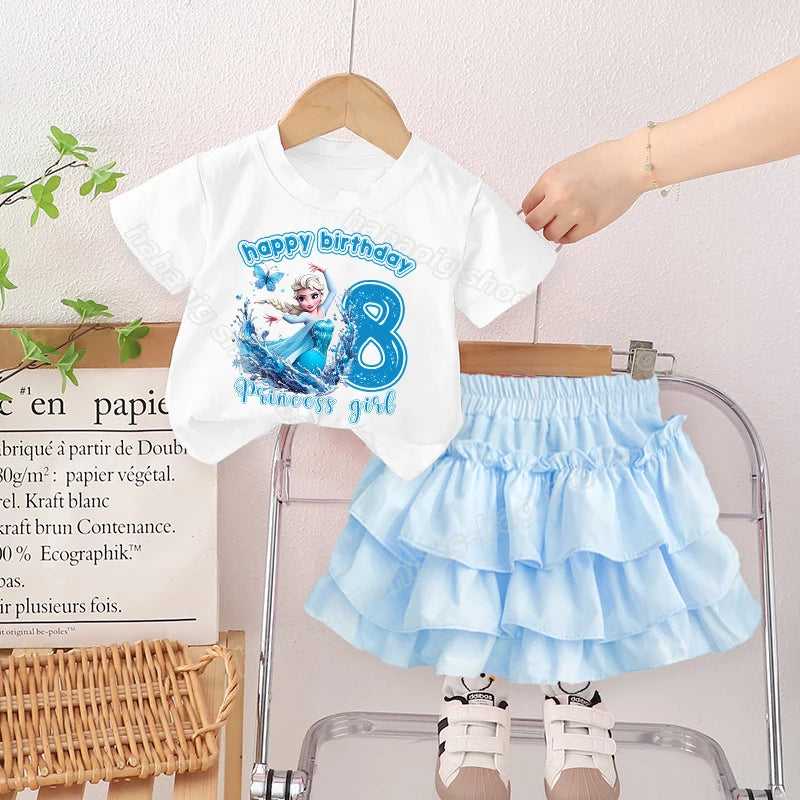 Frozen Elsa Princess Girl Clothing Set Kids Birthday Number T Shirt Pettiskirt 2pcs Cartoon Toddler Tee Short Dress Clothes Suit
