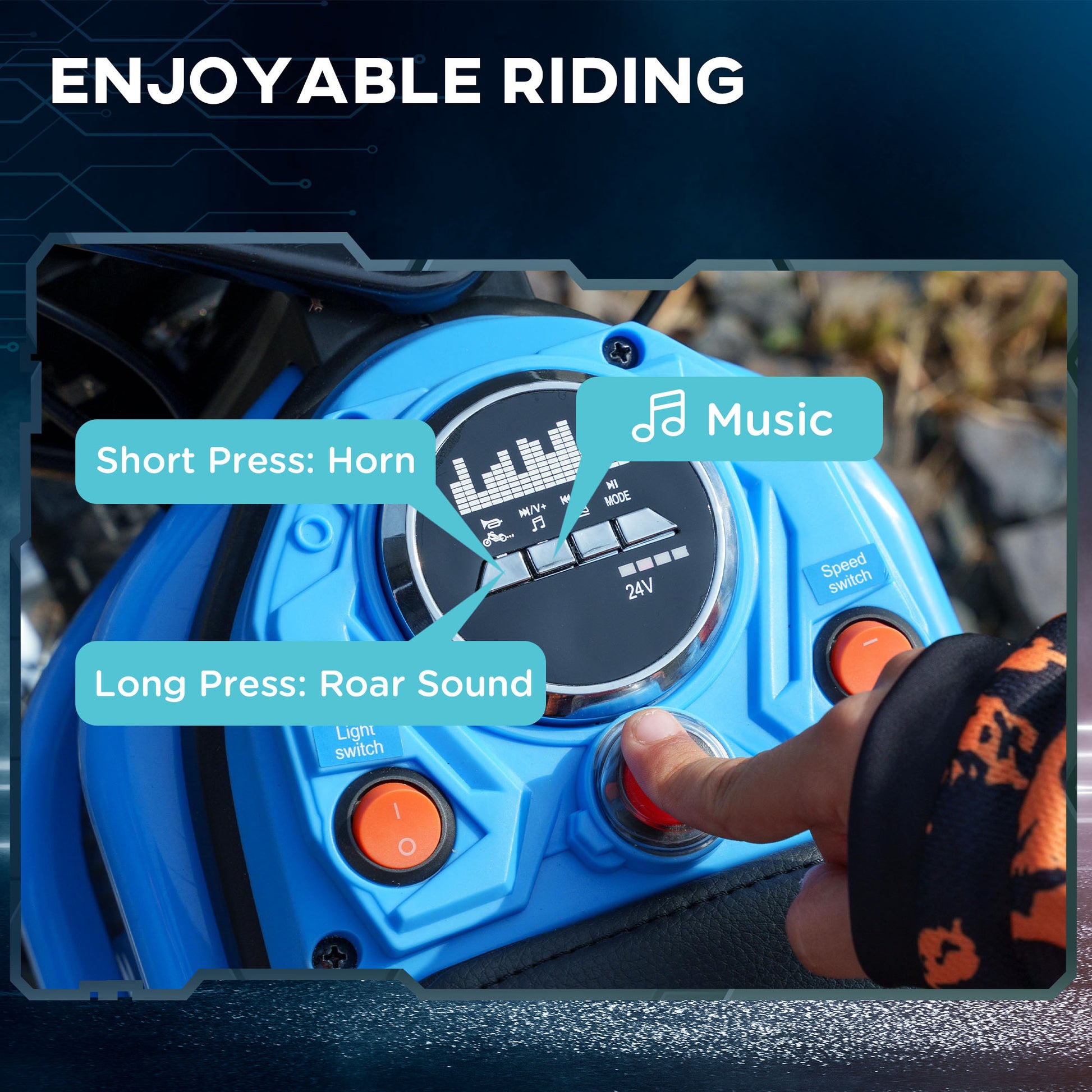HOMCOM 24V Electric Motorbike with Twist Grip Throttle, Music, Horn, 12" Pneumatic Tyres, 16km/h Max Speed in Blue-5