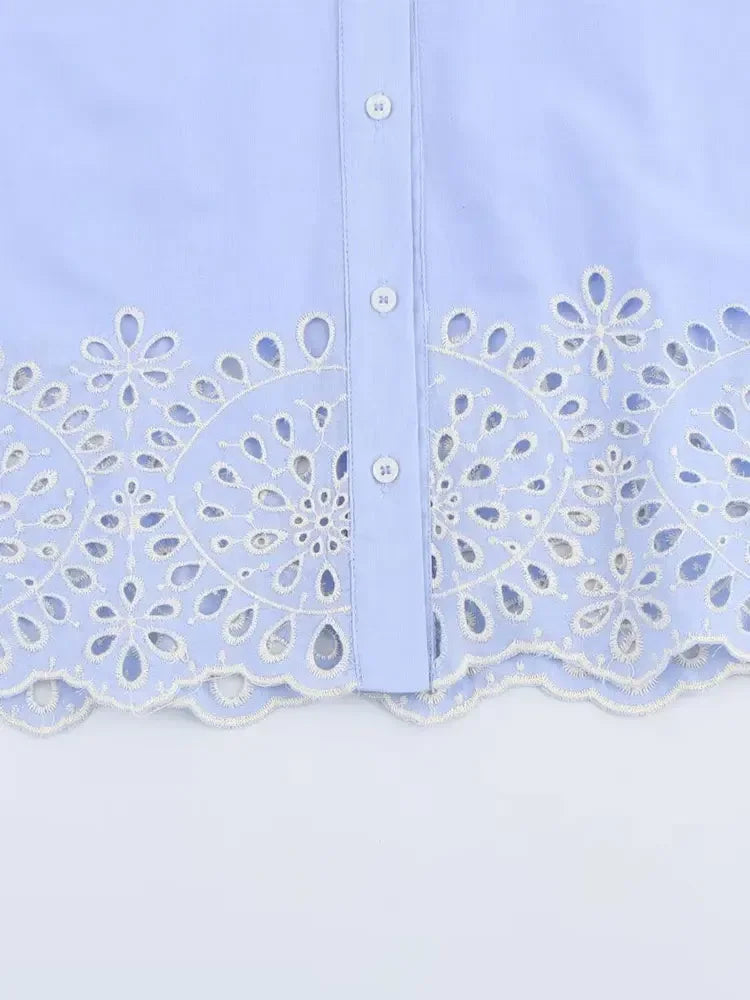 2025 Spring Summer New Women Hollow Embroidery Shirt Long Sleeve Short Shirts Blouses Fashion Casual Female Tops