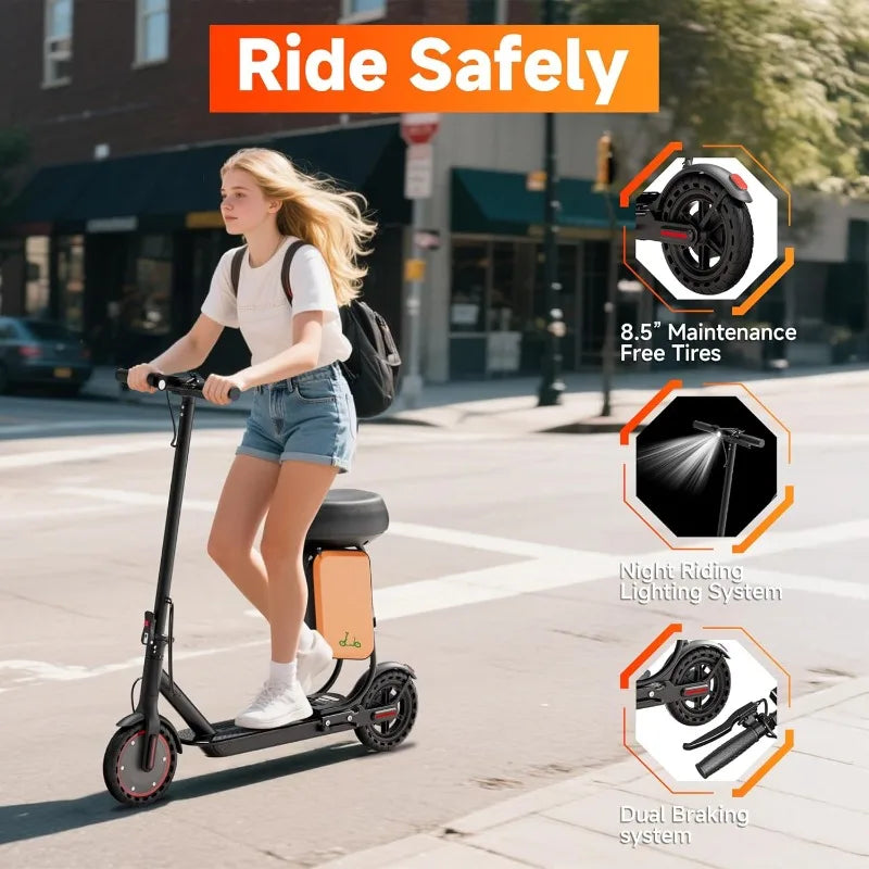 Electric Scooter With Seat For Adults - 19MPH & 21-Mile Range, 350W Motor, 8.5" Solid Tires With App Control & Dual Brake System