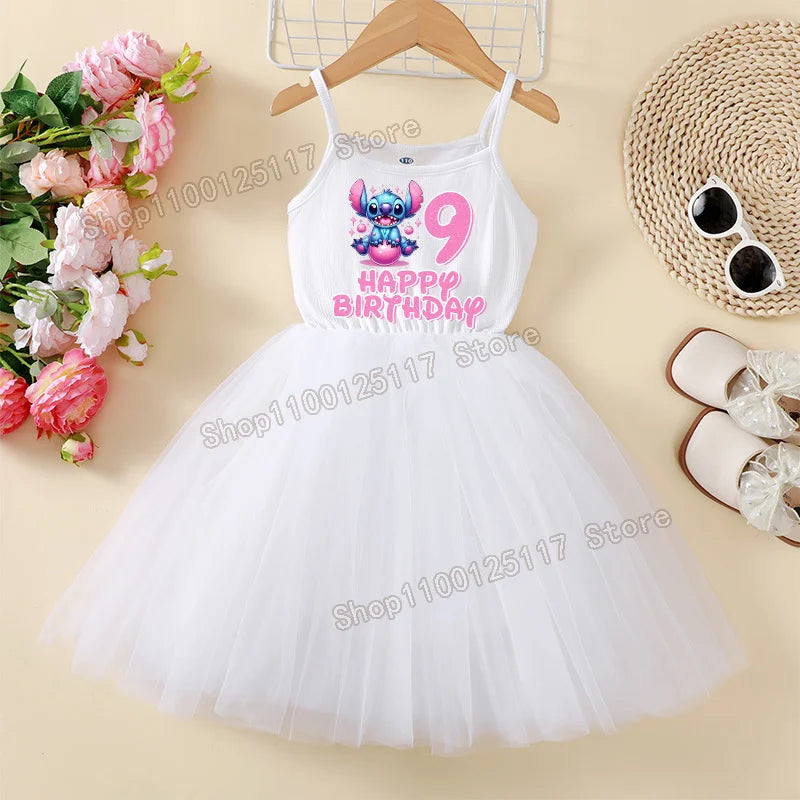 Stitch Disney Dress Birthday Number 1-9 Baby Girls Tulle Skirt Parties Supplies Kids Slip Dresses Cute Summer White Skirt Gifts