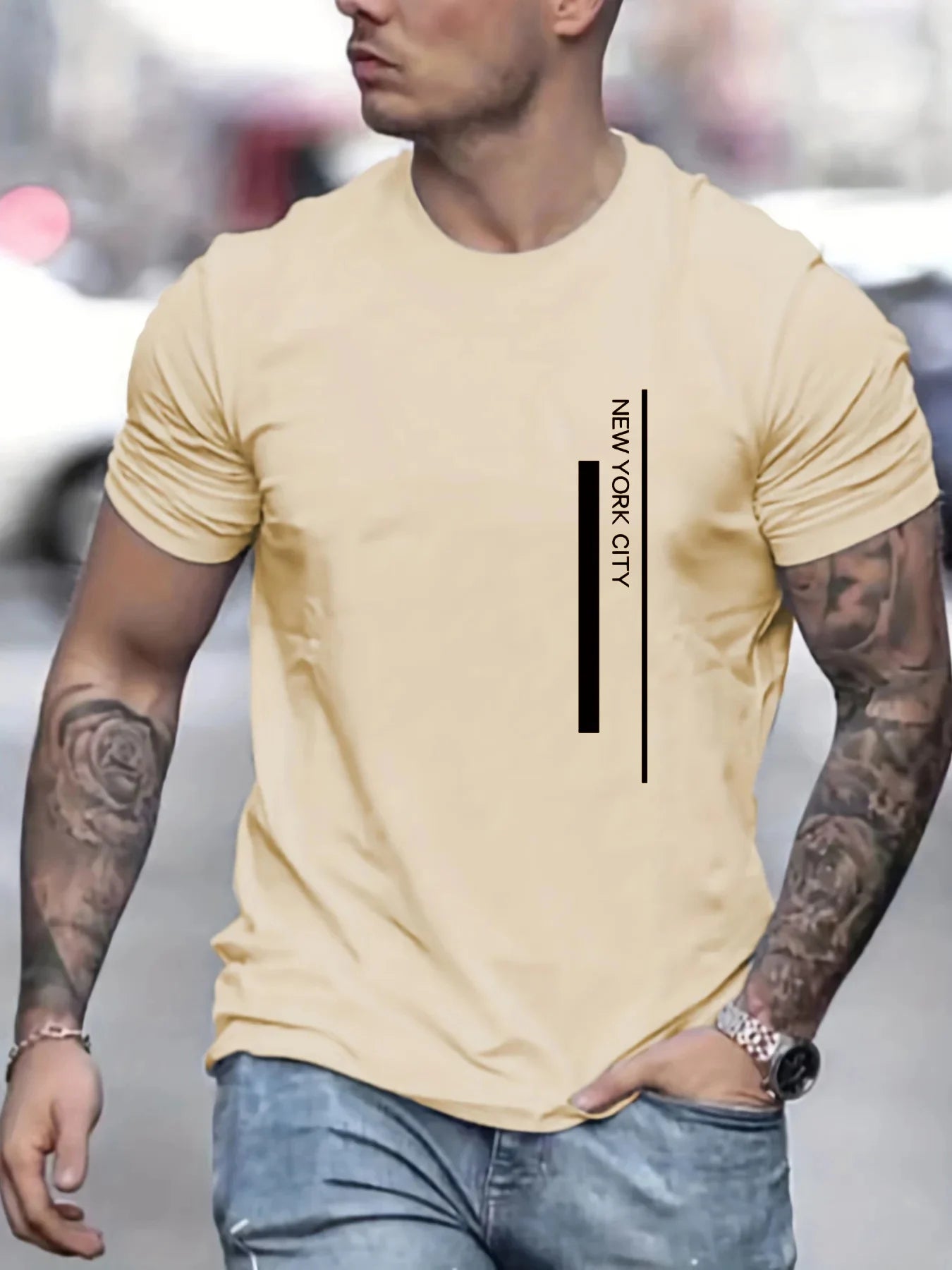 Men's Polyester summer fashionable casual loose plus size NEW YORK CITY printed slim fit round neck short sleeved T-shirt top