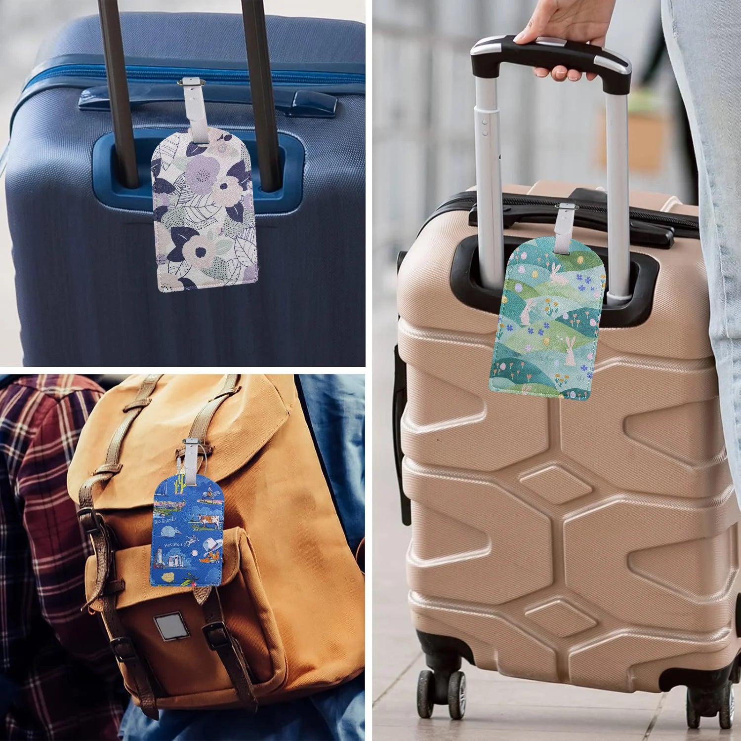 Luggage Tags with Privacy Cover PU Leather Cruise Ship Waterproof Tag Flowers Unique Suitcase Tags for Men Kids Women