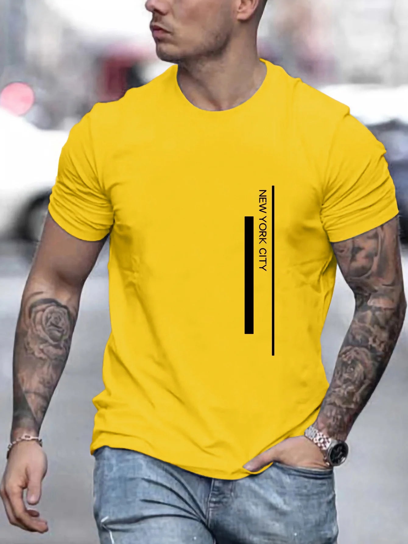 Men's Polyester summer fashionable casual loose plus size NEW YORK CITY printed slim fit round neck short sleeved T-shirt top