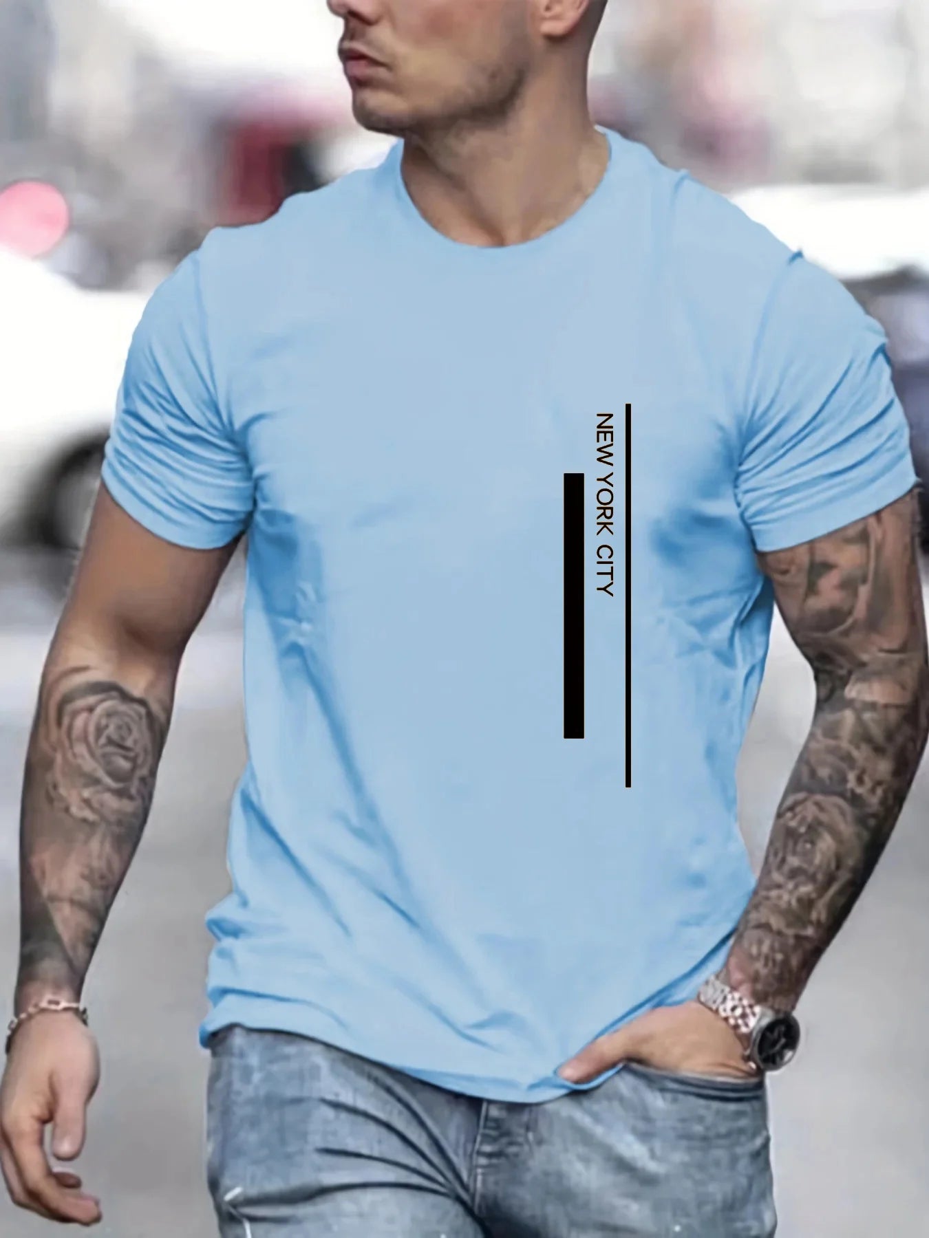 Men's Polyester summer fashionable casual loose plus size NEW YORK CITY printed slim fit round neck short sleeved T-shirt top