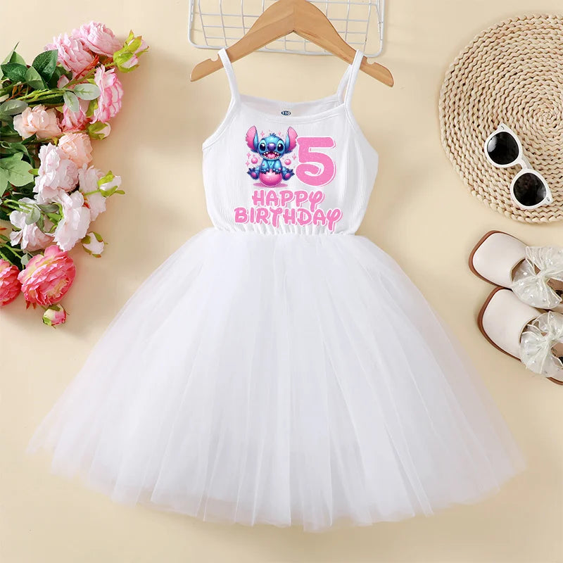 Stitch Disney Dress Birthday Number 1-9 Baby Girls Tulle Skirt Parties Supplies Kids Slip Dresses Cute Summer White Skirt Gifts