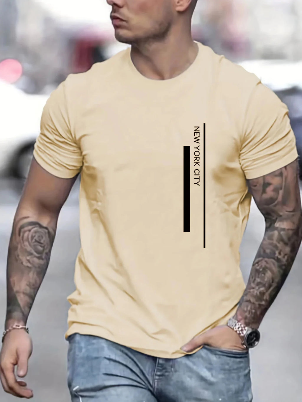 Men's Polyester summer fashionable casual loose plus size NEW YORK CITY printed slim fit round neck short sleeved T-shirt top