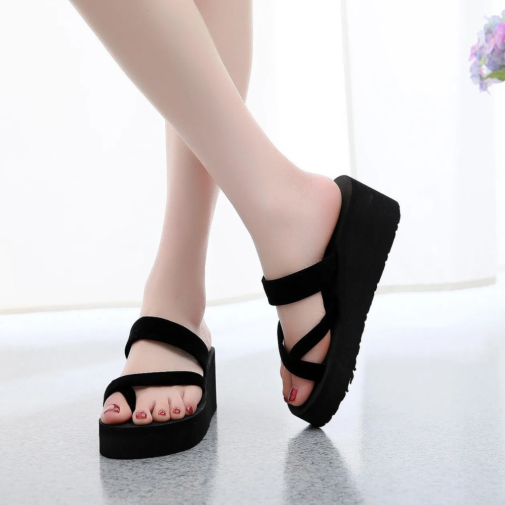 Solid Platform Sandals Women Slipper High Heels Summer Beach Casual Shoes Wedges Slippers Black Home Bathing Flip Flops
