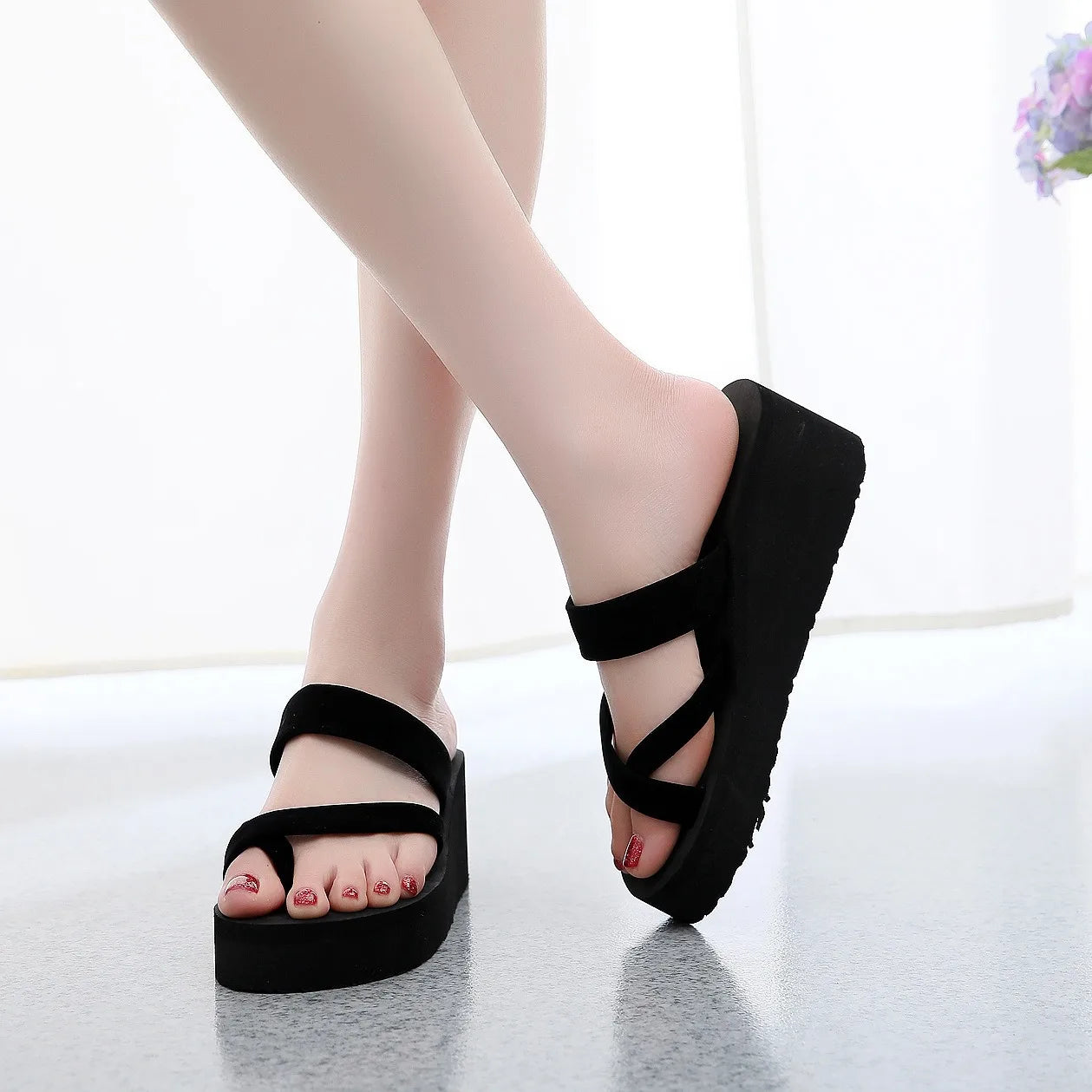 Solid Platform Sandals Women Slipper High Heels Summer Beach Casual Shoes Wedges Slippers Black Home Bathing Flip Flops