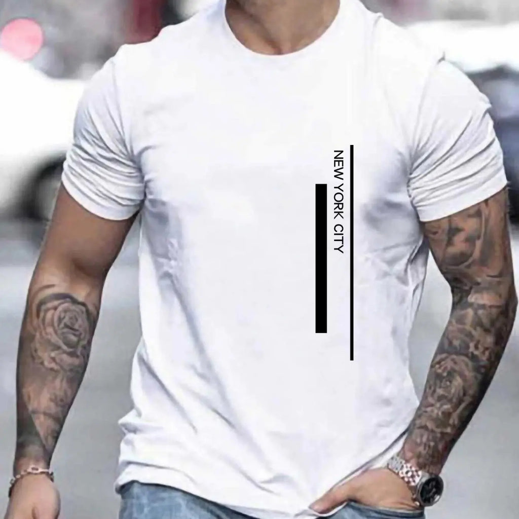 Men's Polyester summer fashionable casual loose plus size NEW YORK CITY printed slim fit round neck short sleeved T-shirt top