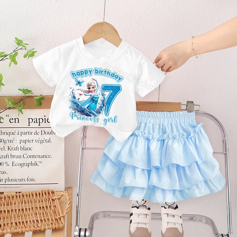 Frozen Elsa Princess Girl Clothing Set Kids Birthday Number T Shirt Pettiskirt 2pcs Cartoon Toddler Tee Short Dress Clothes Suit