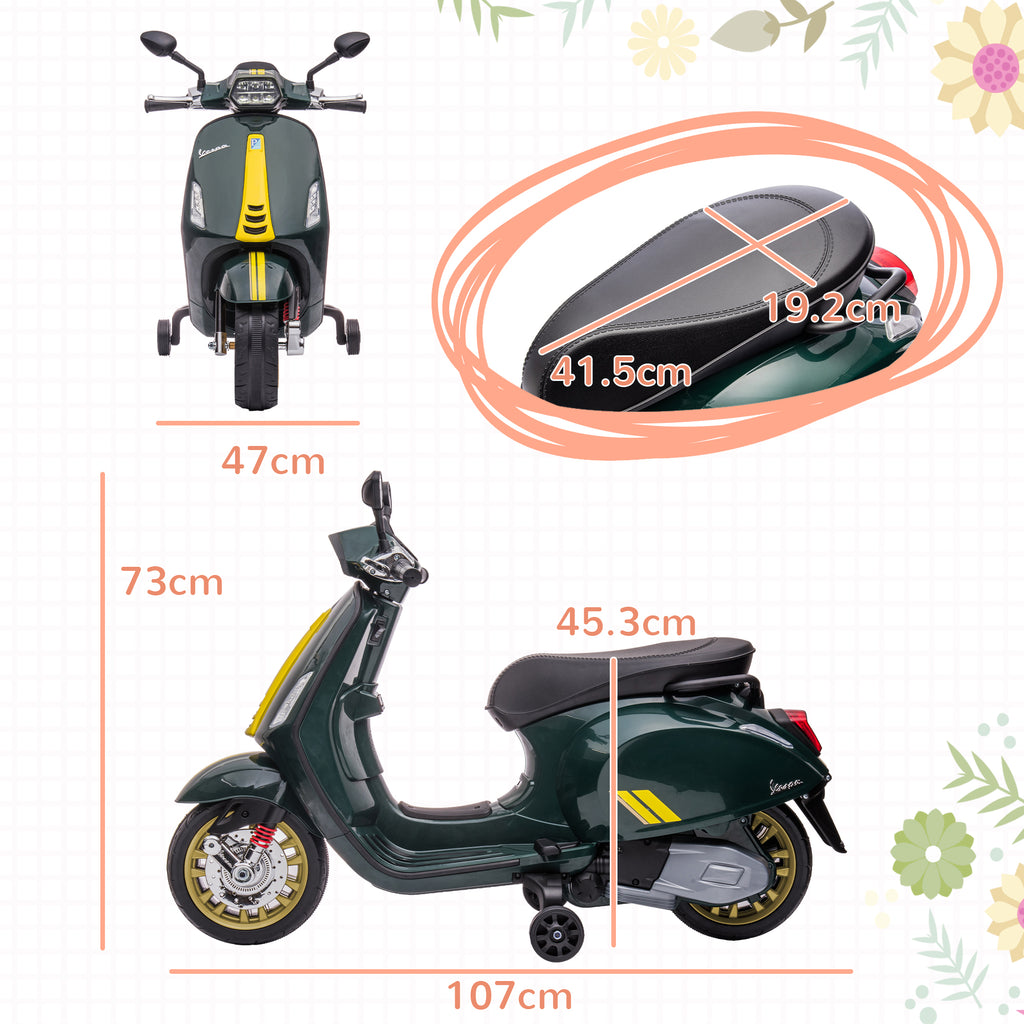 AIYAPLAY 12V Vespa Licensed Kids Electric Scooter Motorbike with Music, Headlights, FM Radio, for 3-6 Years in Green-1