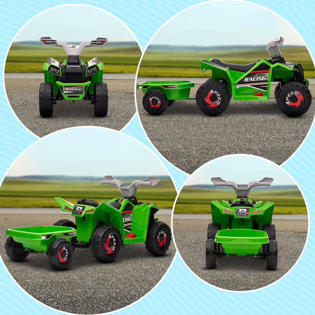 6V Quad Bike with Back Trailer, Wear-Resistant Wheels, for Ages 18-36 Months, Green | HOMCOM-6