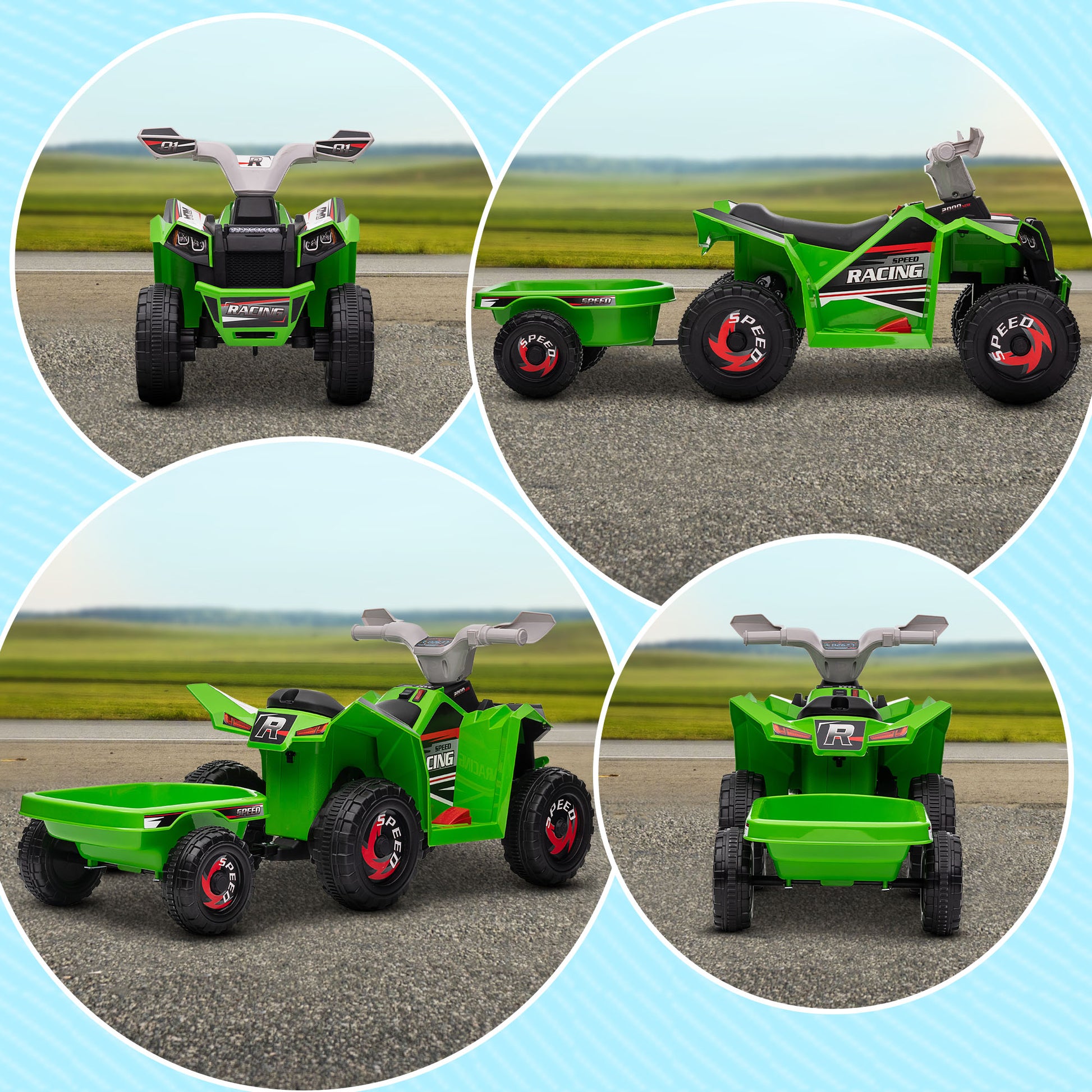 6V Quad Bike with Back Trailer, Wear-Resistant Wheels, for Ages 18-36 Months, Green | HOMCOM-6
