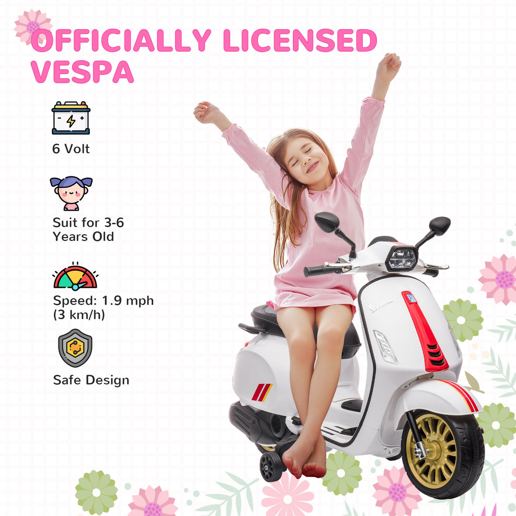 AIYAPLAY 12V Vespa Licensed Kids Electric Scooter Motorbike with Music, Headlights, FM Radio, for 3-6 Years in White-2