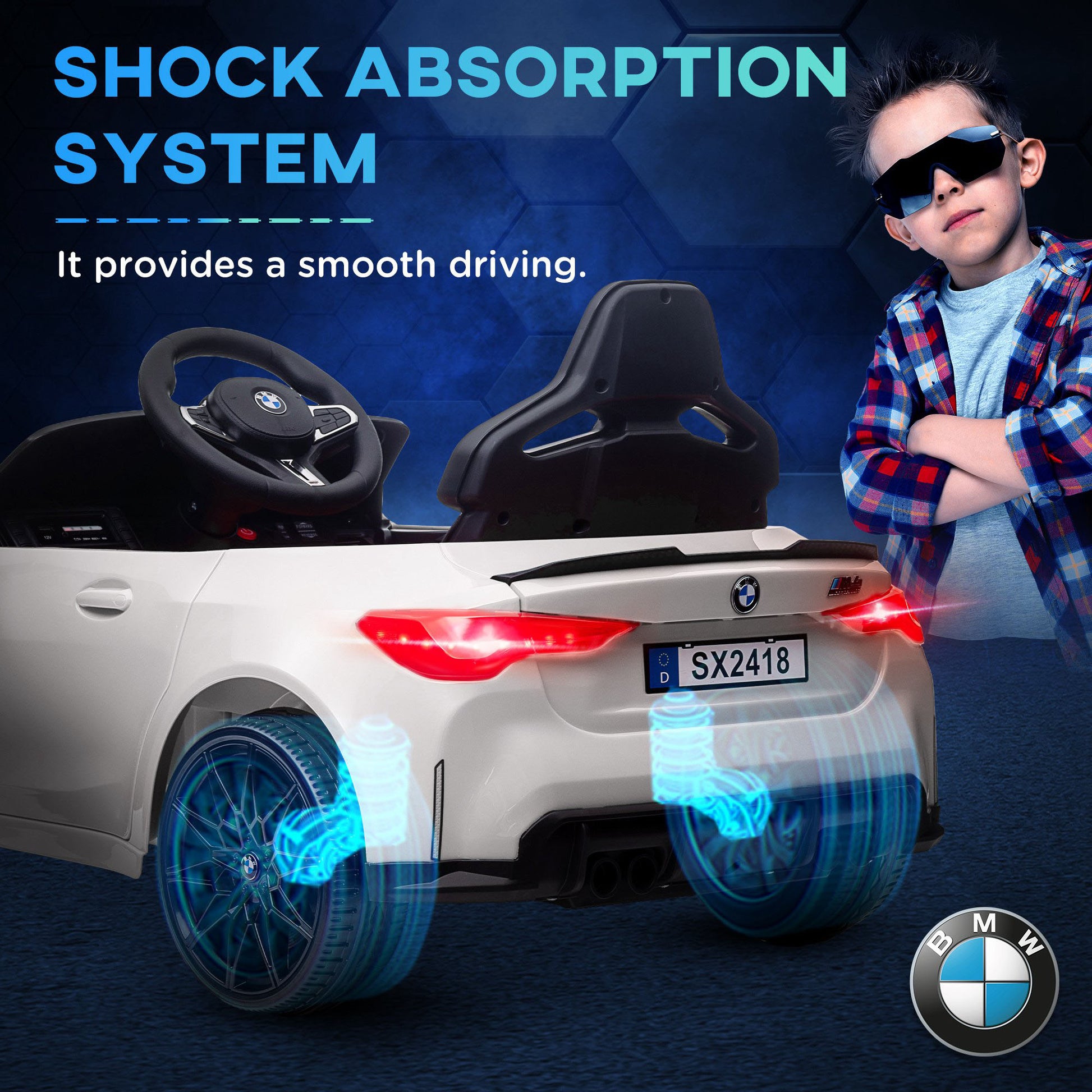 12V BMW M4 Licensed Kids Car with Easy Transport, Remote Control, Suspension, Music, Horn, LED Lights in White by AIYAPLAY-4